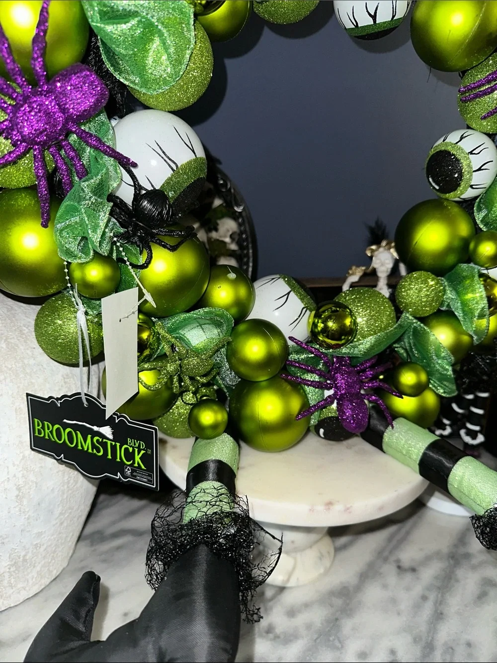 Halloween Witch Hat Green Wreath with Purple Spiders and eyeballs